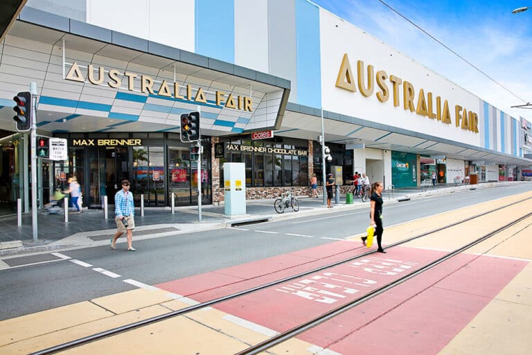 Tram lines on road in front of Australia Fair shoping centre